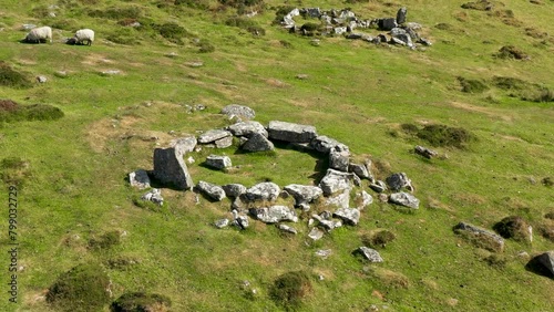 Grimspound prehistoric Late Bronze Age site. Dartmoor, England. From 1300 BC. Aerial video fly in low to stone hut circle photo