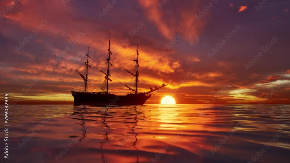 Large Medieval Ship On The Sea On A Sunset. The Old Medieval Ship Gracefully Sails In The Open Sea Large Medieval Ship On The Sea On A Sunset. The Old Medieval Ship Gracefully Sails In The Open Sea