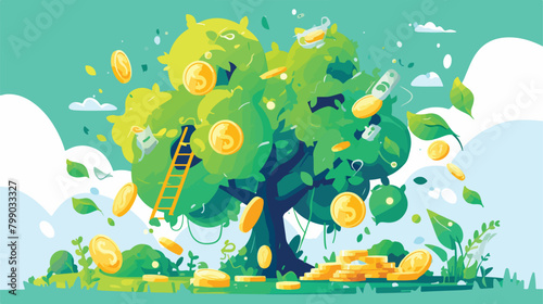 Money tree with coins and leaf growing. Financial w