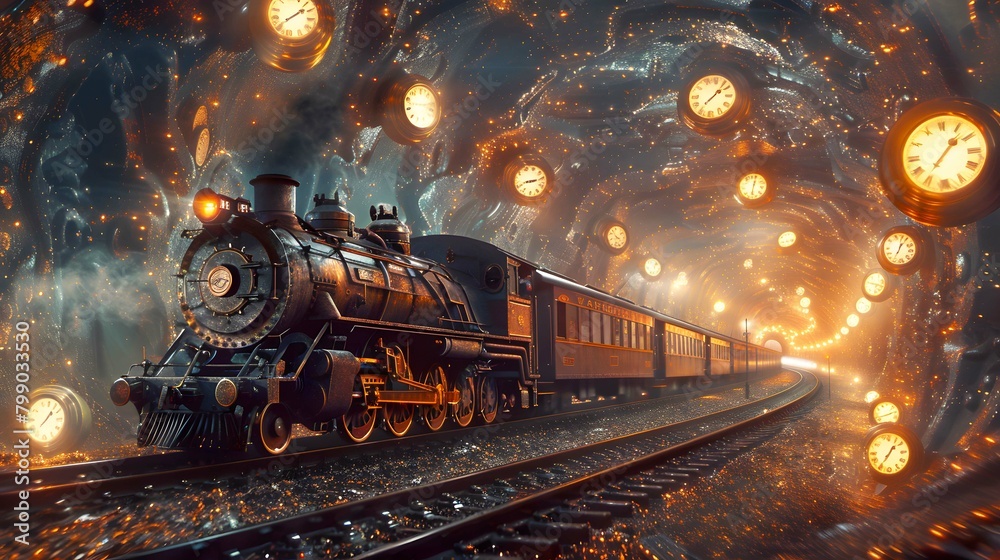A surrealistic scene of a train traveling through a tunnel filled with clocks A surrealistic scene of a train traveling through a tunnel filled with clocks