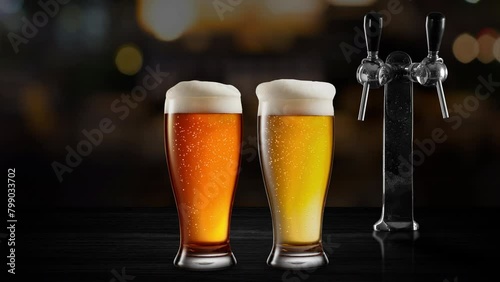 Pouring fresh beer with foam into glass on table into pub background