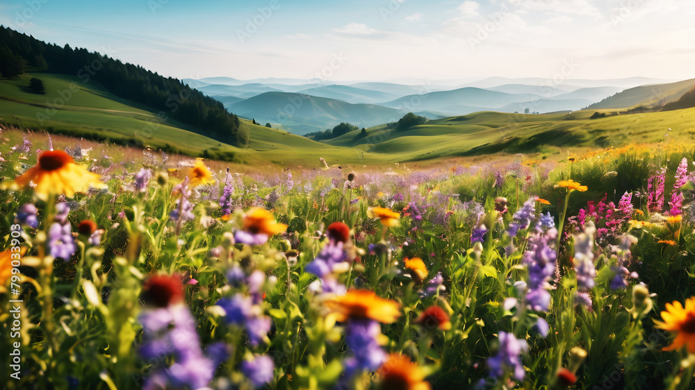 Obraz premium A vibrant field of wildflowers stretching to the horizon, alive with the buzz of bees and the flutter of butterflies