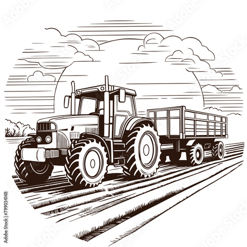 Farm Tractor with trailer vector illustration. Farm logo design on white background