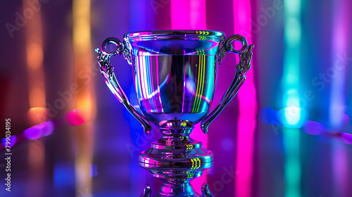 A gleaming winner's cup, bathed in vibrant neon brilliance.