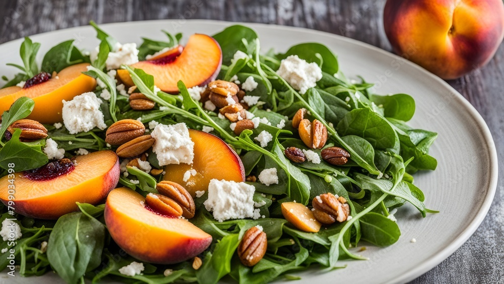 Salad of arugula, nuts, peaches and goat cheese. Salad of arugula, nuts, peaches and goat cheese.
