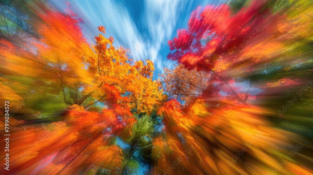 Vibrant colors explode as a fall forest zooms against the sky