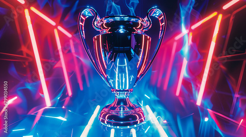 Electric neon lights enhance the revered trophy's aura of triumph.