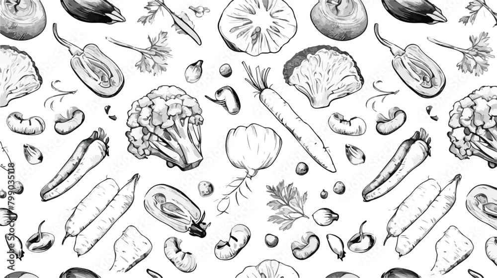 Monochrome seamless pattern with food pieces. Backd