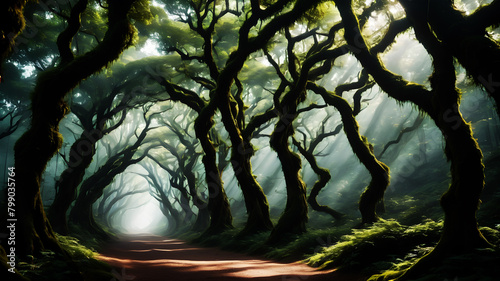A winding forest path lined with ancient trees, their branches forming a natural canopy overhead