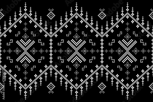 Beautiful traditional ethnic motifs ikat geometric fabric pattern cross stitch.Ikat embroidery Ethnic oriental Pixel.Abstract,vector,illustration. Texture,scarf,decoration,wallpaper,curtain,sarong.