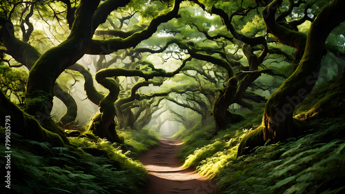 A winding forest path lined with ancient trees, their branches forming a natural canopy overhead
