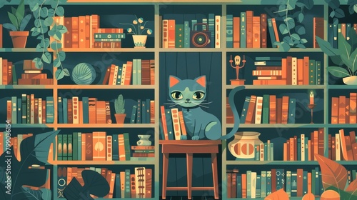 A curious cat wearing detective gear investigates a mysterious case of missing yarn in a cozy, bookfilled library, illustrated as a flat cartoon concept photo