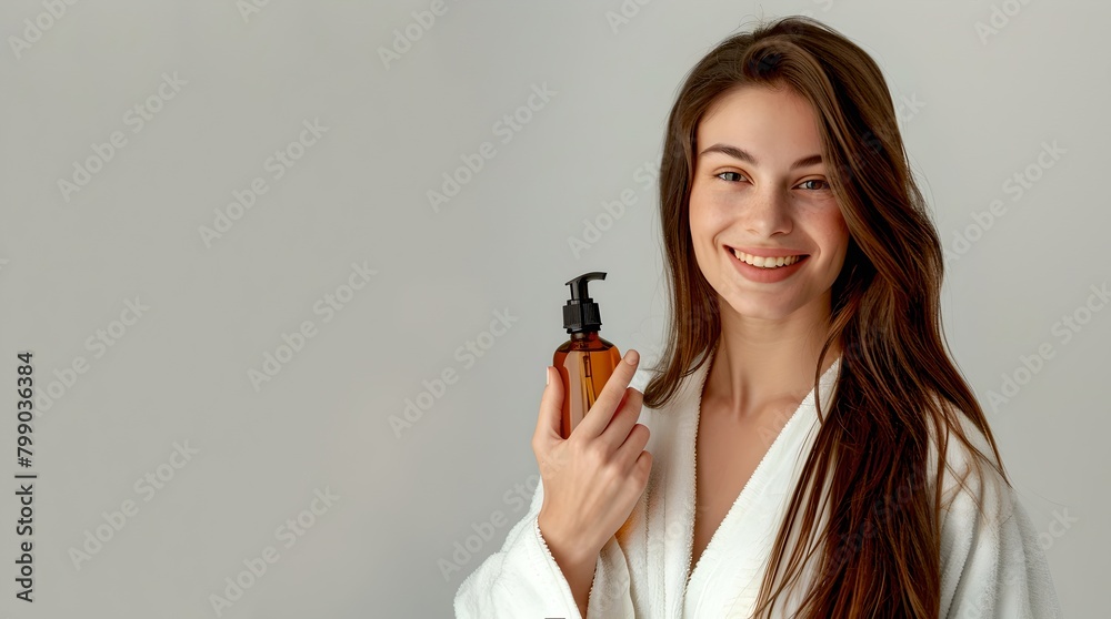 Smiling Woman in White Robe Holding Cosmetic Product. Casual Style, Beauty Care Routine, Studio Shot. Fresh skin care concept. AI Smiling Woman in White Robe Holding Cosmetic Product. Casual Style, Beauty Care Routine, Studio Shot. Fresh skin care concept. AI