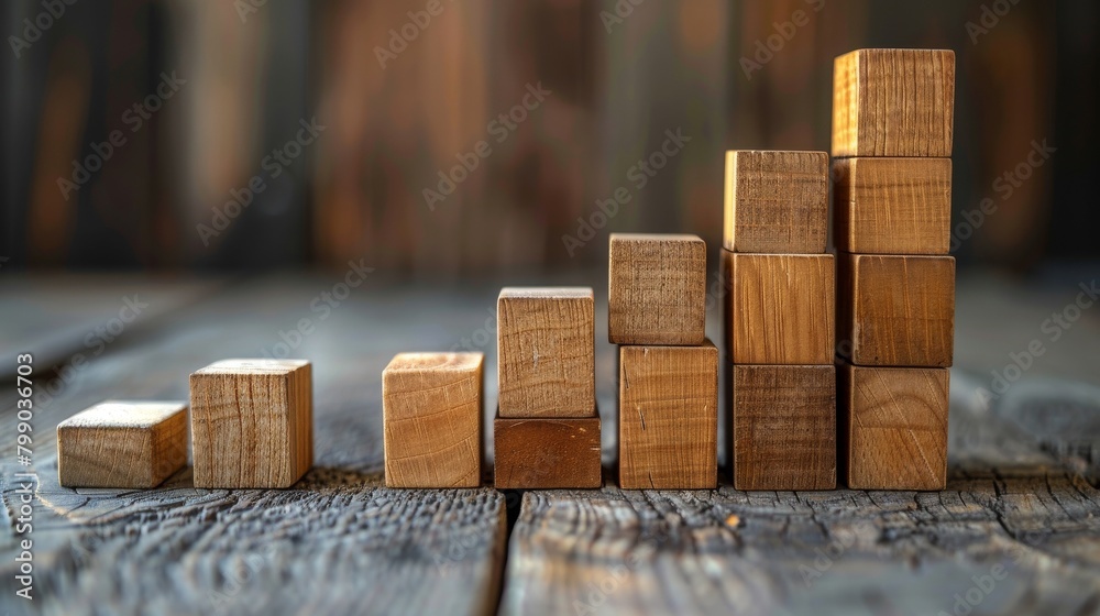 A bar graph created from wooden blocks, illustrating growth in efficiency and reduction in errors due to QMS integration, each bar with a phase of quality control A bar graph created from wooden blocks, illustrating growth in efficiency and reduction in errors due to QMS integration, each bar with a phase of quality control