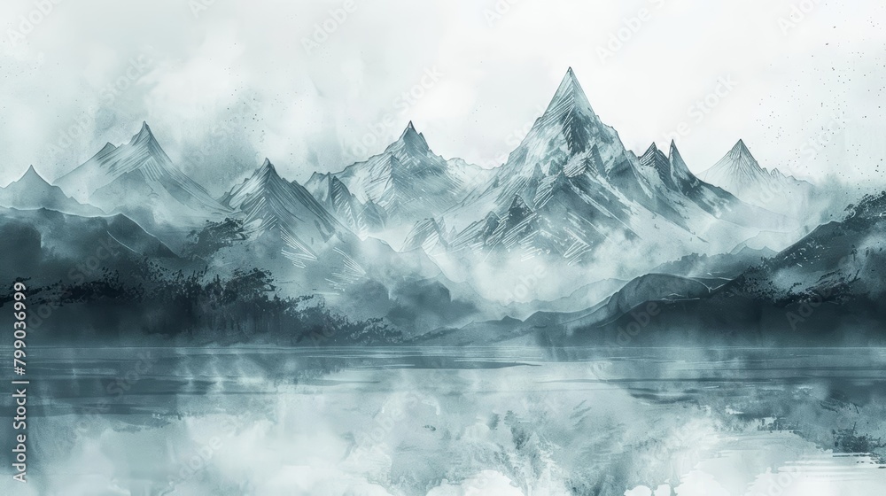 A majestic mountain range rises above a misty lake, drawn with sharp contrasts and detailed textures, handsketched draw concept