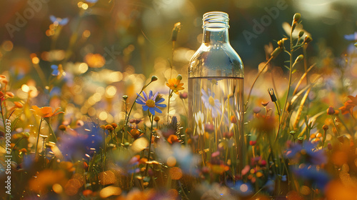 A water bottle stands amidst wildflowers  symbol of rejuvenation.