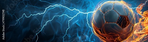 A sensational image of a soccer ball with flames flickering around it and lightning bolts flashing across the night sky, set against a backdrop of deep blue darkness photo