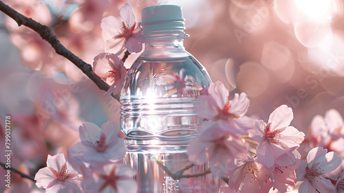 Blossoms bloom around a water bottle, oasis of post-workout relief. photo