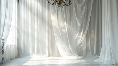 Elegant white interior with sheer curtains and crystal chandelier casting soft shadows in a serene setting