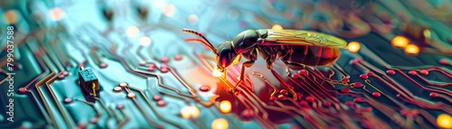 A solitary insect perches on a diode, its form casting shadows in a landscape of glowing circuits, illustrating a macro concept photo