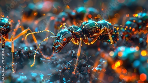 A swarm of robotic ants work in unison on a nanoconstruction site, their movements synchronized through advanced computing technology, demonstrating collective intelligence