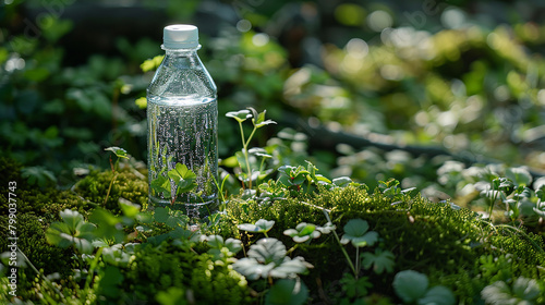 Fresh greenery cradles a water bottle, emblem of hydration.