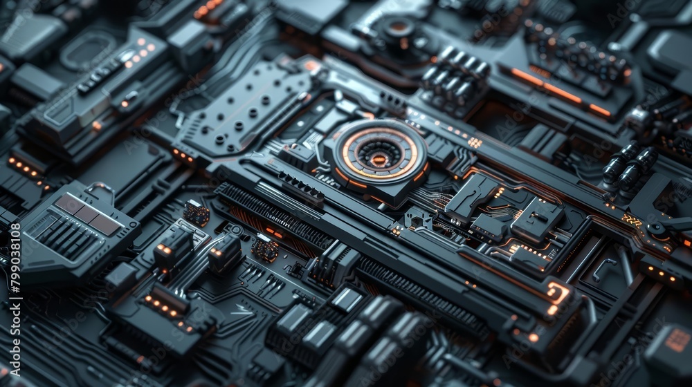 An artistic depiction of sleek, futuristic key and system icons in a sophisticated hitech setting An artistic depiction of sleek, futuristic key and system icons in a sophisticated hitech setting