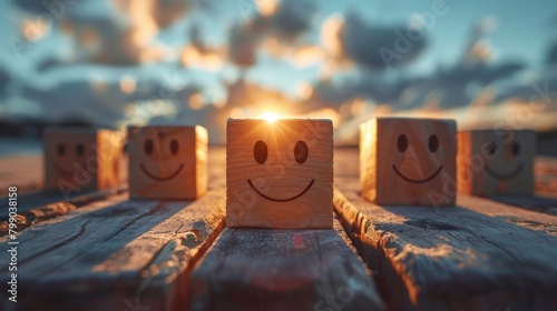 A series of ascending wooden blocks, each with a happier emoticon face carved into it, symbolizing increasing customer satisfaction, bright sky background for text