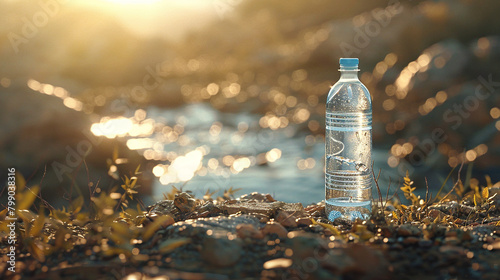 Sunlit backdrop frames a water bottle, emblem of rejuvenation.