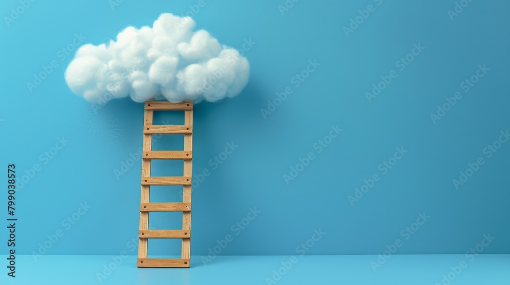 A wooden block ladder leading to a cloud, each rung engraved with a principle of quality improvement, designed to represent climbing towards ideal standards, space above for text A wooden block ladder leading to a cloud, each rung engraved with a principle of quality improvement, designed to represent climbing towards ideal standards, space above for text