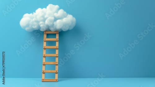 A wooden block ladder leading to a cloud, each rung engraved with a principle of quality improvement, designed to represent climbing towards ideal standards, space above for text photo