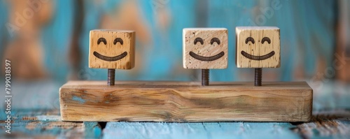 A wooden block scale, one side with blocks labeled with product features, the other with happy face emoticons outweighing the features, illustrating customer delight, background space for text photo