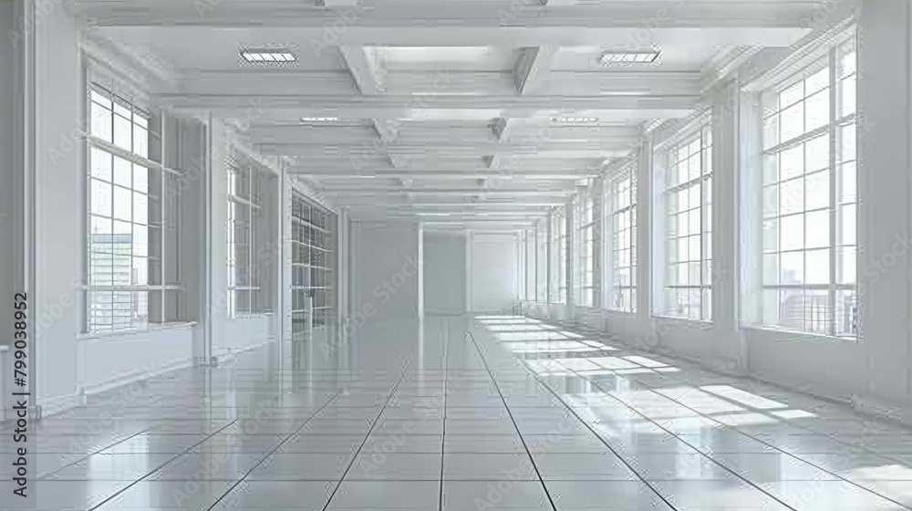 Spacious and bright modern white hall with large windows reflecting on glossy floor for a minimalist design