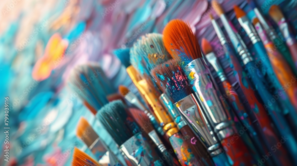 Collection of assorted paintbrushes in an artist's studio with a bokeh background Collection of assorted paintbrushes in an artist's studio with a bokeh background