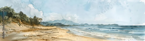 As the old year departs  a serene watercolor illustration of a tranquil beach welcomes the new possibilities of the days ahead