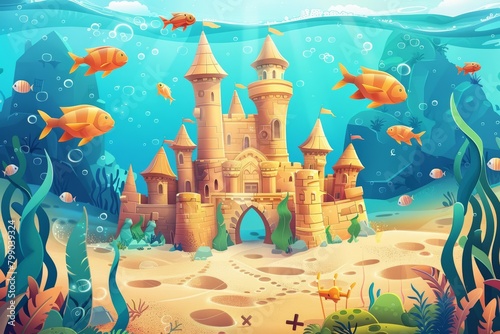 Beneath the oceans surface, the fish organized a sandcastle building industry, creating luxurious underwater estates for sea royalty Cartoon concept