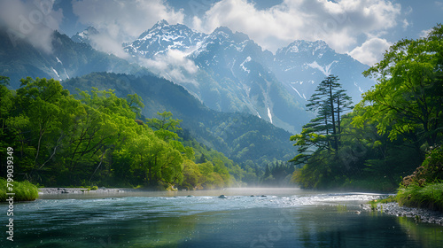Landscape of Kamikochi Mount Hotaka-Dake River