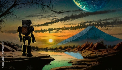 Robot in the top of the mountain at sunset