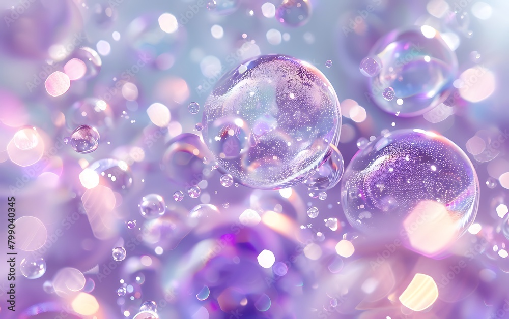 Bubbles of different sizes and shades of purple floating in the air, creating an abstract background with soft light reflections on each bubble