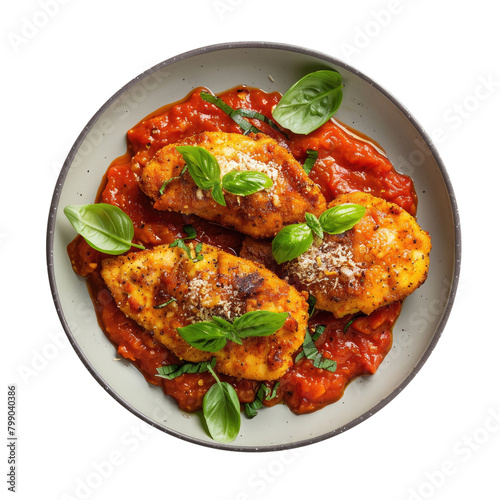 Delicious Plate of Chicken Parmesan with Marinara Sauce Isolated on a Transparent Background 