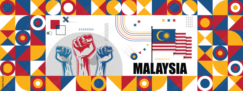 Flag and map of Malaysia with raised fists. National day or Independence day design for Counrty celebration. Modern retro design with abstract icons. Vector illustration.