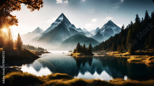 Illustrate a tranquil scene inspired by nature, with triangular elements resembling mountains, trees, and rivers, harmonizing to create a serene atmosphere