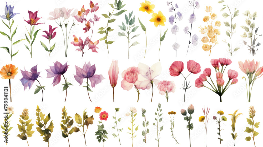 Set of watercolor wildflowers painting isolated on clear png background and transparent background. Fresh and nature concept for nature decorative and flower element, AI generative. Set of watercolor wildflowers painting isolated on clear png background and transparent background. Fresh and nature concept for nature decorative and flower element, AI generative.