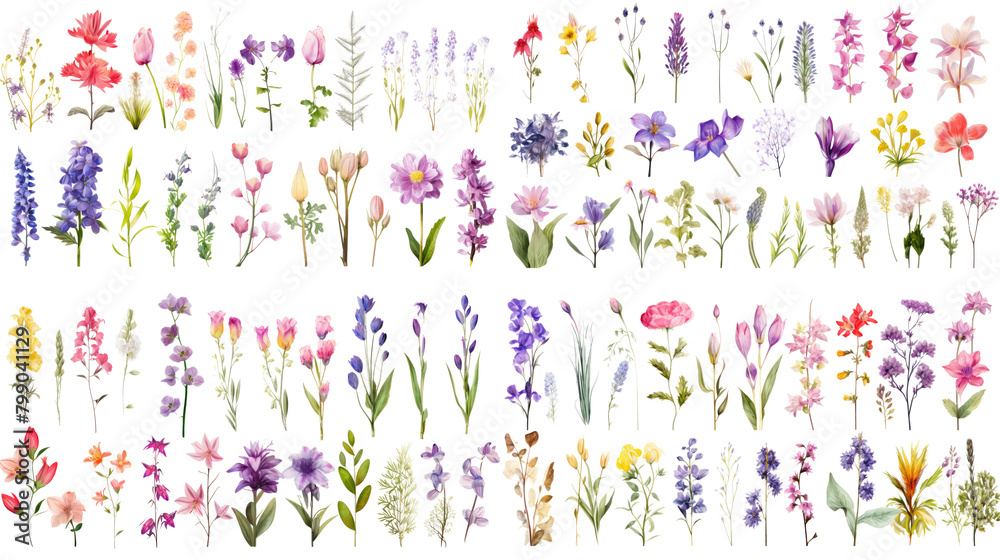 Set of watercolor wildflowers painting isolated on clear png background and transparent background. Fresh and nature concept for nature decorative and flower element, AI generative. Set of watercolor wildflowers painting isolated on clear png background and transparent background. Fresh and nature concept for nature decorative and flower element, AI generative.