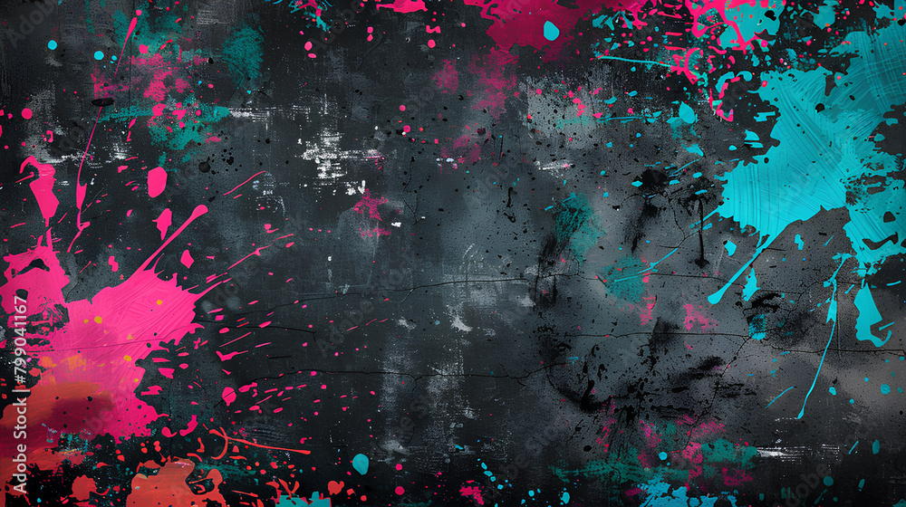 Urban Grunge Paint Splatter, Teal and Pink, Textured Artistic Background with Copy Space