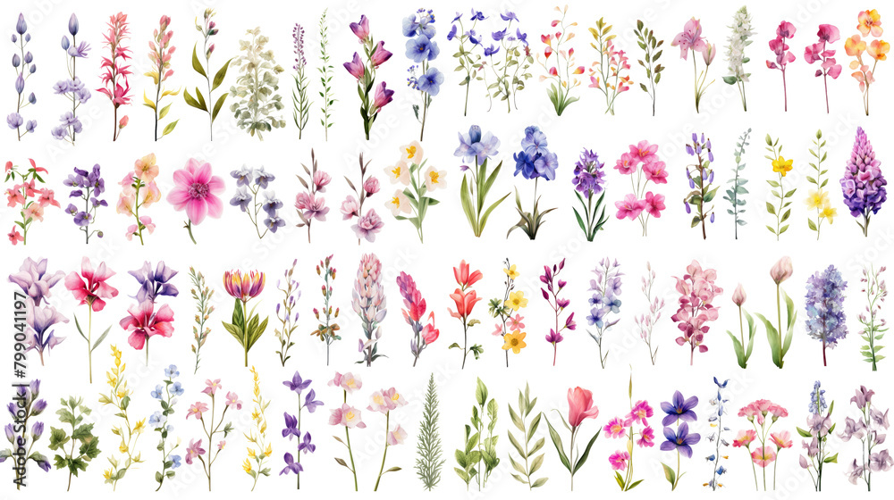 custom made wallpaper toronto digitalSet of watercolor wildflowers painting isolated on clear png background and transparent background. Fresh and nature concept for nature decorative and flower element, AI generative.