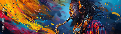 A painting of a man playing the saxophone with bright colors. photo