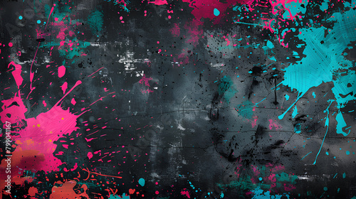 Urban Grunge Paint Splatter  Teal and Pink  Textured Artistic Background with Copy Space