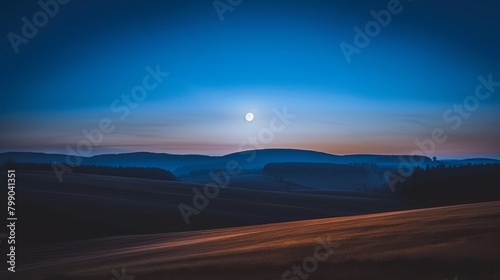  A full moon rises over a field, its reflective glow illuminating the landscape A hill in the foreground adds depth to the scene, while hills in the distance create a ser