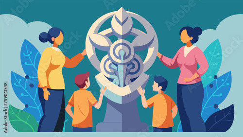 A family gathers around a stunning sculpture marveling at its intricate details and discussing its symbolic meaning.